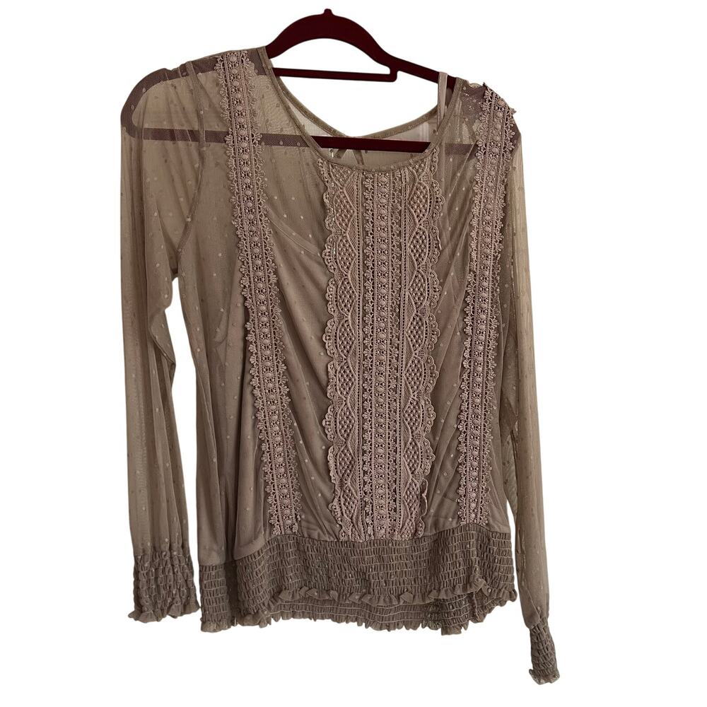 Women's Smokey Lilac Lace Overlay Blouse Size Small Smocked Waist/Cuffs Stretchy